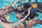  2girls air_bubble black_hair black_wetsuit bodysuit brown_eyes brown_hair bubble contemporary diving_mask diving_suit goggles her_shim_cheong highres imam_(oozlo) long_hair manim_(her_shim_cheong) mermaid monster_girl multiple_girls official_art oxygen_tank pale_skin ponytail scuba_gear scuba_tank shim_cheong smile snorkel_in_mouth swimming underwater wetsuit 