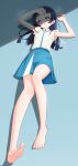  1girl absurdres aokaze_nana arched_bangs armpit_peek armpits arms_up bare_legs barefoot blue_background blue_eyes blue_hair blue_skirt blue_trim blush collared_shirt commentary crack_of_light curled_fingers dorsiflexion feet frilled_sleeves frills full_body hair_ornament half-closed_eyes hand_on_own_head heat_stroke highres kimi_to_idol_precure knee_up knees_together_feet_apart long_hair looking_at_viewer lying on_back on_floor open_mouth pleated_skirt precure shadow shirt short_sleeves sidelighting simple_background skirt soles solo steam steaming_body sweat sweaty_armpits sweaty_clothes sweaty_foot tiler_(tiler00) toes very_sweaty wet wet_clothes wet_shirt white_shirt x_hair_ornament 