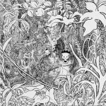  2boys absurdly_detailed_composition absurdres artist_logo bird black_shorts commentary_request creature foliage grass greyscale hatching_(texture) highres initial leaf linear_hatching lineart logo monochrome multiple_boys nature original outdoors plant plant_roots potted_plant shorts standing takitasaki tree wide_shot 