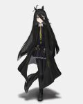  1girl ahoge animal_ears belt black_belt black_choker black_coat black_gloves black_hair black_pantyhose black_shirt black_shoes black_skirt choker closed_mouth coat collared_shirt ear_tag earrings frilled_skirt frills frown gloves grey_hair hand_in_pocket highres horse_ears horse_girl horse_tail jewelry long_hair long_sleeves manhattan_cafe_(umamusume) multicolored_hair necktie pantyhose pleated_skirt shirt shoes simple_background single_earring skirt solo tail thefatum umamusume very_long_hair white_background yellow_necktie 