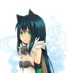  1girl alchemist_(ragnarok_online) animal_ears blue_hair blush breasts brown_cape cape cat_ears cat_girl cleavage closed_mouth commentary_request detached_sleeves dress floral_background fur_collar green_eyes green_sleeves long_hair looking_at_viewer meiko_(nattu303) ragnarok_online small_breasts smile solo strapless strapless_dress upper_body white_background white_dress 