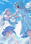  black_hairband black_ribbon blue_hair cloud cloudy_sky collar dress earrings firefly_(honkai:_star_rail) frilled_dress frills grey_hair hair_between_eyes hair_intakes hair_ornament hair_ribbon hairband halo head_wings highres holding_hands honkai:_star_rail honkai_(series) jewel_under_eye jewelry long_hair neckerchief open_mouth pink_socks qingsi ribbon robin_(honkai:_star_rail) short_sleeves sky smile socks star_(symbol) teeth upper_teeth_only waist_ribbon white_collar white_dress white_neckerchief white_ribbon white_wrist_cuffs wings wrist_cuffs 