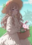  1girl basket blue_eyes blue_sky blush bow brown_hair buttons closed_mouth cloud commentary_request cowboy_shot day double-parted_bangs dress expressionless field flower flower_basket frilled_dress frilled_sleeves frills grass hair_over_shoulder hat hat_flower hat_ribbon highres holding holding_basket long_hair long_sidelocks long_sleeves looking_at_viewer mikan_mizu original outdoors red_bow red_ribbon ribbon rose shadow sidelocks sky solo standing straw_hat stuffed_animal stuffed_rabbit stuffed_toy sunlight tree wavy_hair white_dress white_flower white_rose 