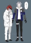 ... 2boys :d ^_^ ahoge anger_vein aotsuki_eito arm_up black_gloves black_pants blue_eyes blue_jacket closed_eyes cosplay costume_switch drawstring full_body glasses gloves grey_background grey_hair grey_jacket hood hoodie jacket looking_down male_focus multicolored_hair multicolored_jacket multiple_boys open_clothes open_jacket pants red_hair seiran_yoroz shaking short_hair simple_background smile speech_bubble streaked_hair sumino_takumi the_hundred_line_-last_defense_academy- twitter_username two-tone_jacket white_hoodie white_jacket white_pants 