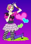  1girl blonde_hair blue_eyes bow bracelet candy food frills grasshopper_manufacture hair_over_one_eye hairband heart high_heels jewelry kneeling lollipop lollipop_chainsaw lots_of_jewelry multicolored_hair necklace off_shoulder open_mouth pink_hair rosalind_starling shoes short_hair skirt socks striped striped_legwear thighhighs two-tone_hair v 