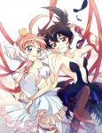  2girls ahiru_(princess_tutu) ahoge arm_up armpit_peek ballerina bare_shoulders bead_bracelet beads black_feathers black_hair black_pantyhose bracelet breasts cleavage commentary crown falling_feathers feathers gradient_background hair_between_eyes hand_on_own_cheek hand_on_own_chest hand_on_own_face highres huge_ahoge jewelry light_smile magical_girl mini_crown multicolored_hair multiple_girls necklace off_shoulder orange_hair pale_skin pantyhose princess_kraehe princess_tutu princess_tutu_(character) red_eyes rue_(princess_tutu) short_hair string string_of_fate suzuki_(2red_moon3) symbol-only_commentary tutu two-tone_hair wrapped_up 