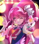  1girl aino_megumi black_vest bow brooch closed_eyes commentary_request cure_lovely earrings hair_between_eyes hair_ornament happinesscharge_precure! heart heart_brooch heart_earrings heart_hair_ornament jewelry magical_girl one_eye_closed pink_eyes pink_hair ponytail precure puffy_short_sleeves puffy_sleeves ribbon_(happinesscharge_precure!) shipu_(gassyumaron) short_sleeves signature smile upper_body v vest wide_ponytail 