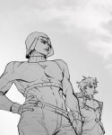  2boys belt belt_buckle buckle cleavage_cutout closed_mouth clothing_cutout collared_jacket commentary contrapposto cowboy_shot cropped_shirt english_commentary fingernails giorno_giovanna greyscale guido_mista hair_rings hand_on_own_hip hat highres jacket jojo_no_kimyou_na_bouken linea_alba long_hair long_sleeves looking_ahead male_focus midriff monochrome multiple_boys pants sengsengmurim standing toned toned_male turtleneck vento_aureo 