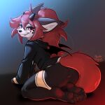 1:1 2025 4_toes anthro biped bottomwear butt canid canine clothed clothed_anthro clothed_male clothing digital_media_(artwork) ear_piercing feet fingers fox fully_clothed fully_clothed_anthro fully_clothed_male hair hi_res hoodie horn inner_ear_fluff kneeling legwear male mammal monstercheetah pants penta_(cum.cat) piercing rear_view red_eyes red_hair red_tail simple_background smile solo tail teeth thigh_highs toes topwear tuft wings