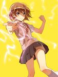  brown_eyes brown_hair electricity hair_ornament hairpin misaka_mikoto murakami_yuichi school_uniform shorts skirt solo to_aru_kagaku_no_railgun to_aru_majutsu_no_index 