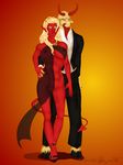  anthro beard bovine bulge clothed clothing cloven_hooves couple demon dickgirl dress duo eveningwear facial_hair fetlocks formal gentlemanplayer gingerm glowing intersex male mammal minotaur orange_background plain_background pointy_ears red_facial_hair red_horns red_lips red_skin revealing samael_tempestade samael_tempestade_(gentlemanplayer) skimpy spade_tail succubus suit tuxedo vpl watamaraka watamaraka_(gentlemanplayer) 