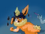 2021 ambiguous_gender anthro biped black_hair black_inner_ear black_sclera blonde_hair bodily_fluids breath butt colored dripping duo eeveelution flareon front_view fur fur_growth generation_1_pokemon growth hair handpaw hi_res human_to_anthro japanese_text lying mid_transformation motion_lines neck_tuft netchy_boo nintendo nude on_side open_mouth orange_body orange_fur paws pokemon pokemon_(species) pupils semi-anthro shadow slit_pupils solo_focus species_transformation speech_bubble syringe tail tears text transformation translation_request tuft white_eyes white_pupils yellow_tail yellow_tuft