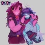 2025 anthro blue_body blue_hair deltarune duo female fynori hair hi_res human kris_(deltarune) male mammal purple_body purple_hair scalie susie_(deltarune) tongue tongue_out undertale_(series) yellow_sclera