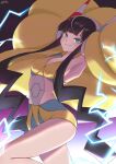  1girl armpits bare_shoulders black_hair blue_eyes blunt_bangs blush breasts closed_mouth coat collarbone dress elesa_(pokemon) fur_coat fur_jacket headphones highres jacket long_hair looking_at_viewer low_neckline medium_breasts mochitaro_(mothitaroo) navel pokemon pokemon_bw pokemon_bw2 short_hair short_hair_with_long_locks sidelocks sleeveless smile solo yellow_coat yellow_dress yellow_jacket 
