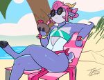 absa anthro beach beach_chair beverage bikini bottomwear bovid caprine clothing coconut coconut_drink crossed_legs drupe_(fruit) eyewear female food fruit fur glasses goat grey_body grey_fur hair hi_res hooves horn loincloth mammal plant prate-dragon purple_hair rivals_of_aether sea seaside solo sunglasses swimwear tropical two-piece_swimsuit water wearing_glasses