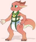 ageplay anthro brown_horn bunnykisses clothed clothing collar diaper full-length_portrait green_collar green_eyes green_harness hand_on_hip harness hi_res horn infantilism kobold male male_anthro mouth_closed pink_body portrait roleplay scalie simple_background solo standing wearing_diaper white_diaper