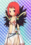  1girl argyle_clothes argyle_dress belt blue_belt blush breasts cleavage closed_mouth commentary_request cowboy_shot detached_sleeves dress looking_at_viewer meiko_(nattu303) navel purple_eyes ragnarok_online rainbow_background red_hair short_bangs short_hair side_slit sleeveless sleeveless_dress small_breasts smile solo sorcerer_(ragnarok_online) split_mouth v-shaped_eyebrows white_dress white_sleeves 