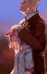  1boy 1girl animal_ears black_suit buruma crying crying_with_eyes_open ear_covers haru_urara_(umamusume) headband high_collar highres horse_ears horse_girl inishie_kumo jacket necktie pink_hair pink_headband red_buruma suit tears tilted_headwear umamusume white_jacket 