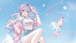 1girl absurdres ahoge alternate_costume bare_shoulders black_choker blue_eyes blue_shorts bottle breasts choker cleavage criss-cross_halter crop_top cutoffs denim denim_shorts earrings halterneck hands_up heart heart-shaped_pupils high-waist_shorts highres holding holding_bottle ice ice_cube jacket jewelry kanami_(strinova) large_breasts long_hair looking_at_viewer midriff multicolored_hair off_shoulder official_art one_side_up open_clothes open_jacket open_mouth pink_jacket shirt short_shorts short_sleeves shorts signature sleeveless sleeveless_shirt smile solo streaked_hair strinova sweatband symbol-shaped_pupils thighs two-tone_hair very_long_hair white_hair white_shirt 
