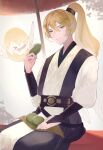  &gt;_&lt; 1boy 1other absurdres alternate_costume androgynous aqua_eyes banno_watari belt blonde_hair colored_skin commentary_request creature_request dragon_quest dragon_quest_x food hakuou_(dq10) highres holding holding_food insect_wings japanese_clothes looking_to_the_side male_focus mochi oil-paper_umbrella one_eye_covered parted_lips pink_skin pointy_ears ponytail smile solo_focus umbrella white_background wings 