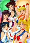  aino_minako armpits arms_up bishoujo_senshi_sailor_moon blonde_hair blue_eyes blue_hair blush breasts brown_hair choker cleavage earrings elbow_gloves gloves highres hino_rei jewelry kino_makoto large_breasts long_hair looking_at_viewer mizuno_ami multiple_girls naughty_face open_mouth ponytail purple_hair rippadou sailor_jupiter sailor_mars sailor_mercury sailor_moon sailor_venus short_hair tongue tongue_out tsukino_usagi twintails 