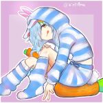 1girl animal_ear_fluff animal_ears animal_hood blue_hair border braid carrot_hair_ornament closed_mouth commentary_request fake_animal_ears food-themed_hair_ornament hair_ornament highres hololive hood hood_up hoodie kiritoma knees_up long_hair loose_socks no_shoes pink_background purple_border rabbit_ears rabbit_hood red_eyes short_shorts shorts sitting socks solo striped_clothes striped_hoodie striped_shorts striped_socks tongue tongue_out twin_braids twintails twitter_username usada_pekora very_long_hair virtual_youtuber 
