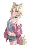  1girl absurdres animal_ear_fluff animal_ears bare_shoulders black_choker blonde_hair blue_eyes blush breasts camisole cardigan choker clothes_down collarbone commentary crop_top dog_ears dog_girl dog_tail dolphin_shorts drawstring fang grey_camisole grey_shorts hair_ornament hairclip hand_up highres hololive hololive_english inurock long_sleeves looking_at_viewer low_twintails midriff mococo_abyssgard multicolored_hair navel open_cardigan open_clothes open_mouth parallel_hairclips parted_bangs pink_cardigan pink_hair print_camisole short_hair short_shorts shorts simple_background skin_fang small_breasts solo spaghetti_strap streaked_hair sweater tail twintails virtual_youtuber white_background 