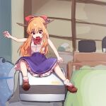  1girl :d air_conditioner bed bow bowtie brown_eyes brown_horns brown_shoes commentary_request cookie_(touhou) footwear_bow full_body hair_bow highres horn_bow horn_ornament horns ibuki_suika indoors long_hair looking_down niu_42 open_mouth orange_hair purple_bow purple_skirt red_bow red_bowtie ribbon-trimmed_skirt ribbon_trim shirt shoes shouji sidelocks skirt sleeveless sleeveless_shirt sliding_doors smile socks solo touhou tripping white_shirt white_socks yamin_(cookie) 