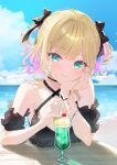  1girl absurdres bare_shoulders beach bikini black_bikini black_bow black_choker black_sleeves blue_sky blush bow bracelet breasts cherry choker closed_mouth cloud cloudy_sky colored_inner_hair commentary day detached_sleeves drink drinking_straw english_commentary fang fingernails food fruit green_eyes hair_bow highres ice_cream jewelry kurumi_noah lemon lemon_slice looking_at_viewer medium_hair multicolored_hair nail_polish ocean outdoors pink_hair pink_lips pink_nails sand shinomiya_ino short_sleeves skin_fang sky smile solo spoon swimsuit two-tone_hair two_side_up virtual_youtuber vspo! 