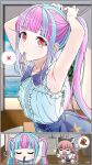  &gt;_&lt; 2girls animal_ear_headphones animal_ears bang_dream! beef_jerky blue_hair blue_shorts cat_ear_headphones center_frills closed_eyes commentary english_commentary fake_animal_ears flailing frills hair_tie_in_mouth headphones highres izami_md long_hair mouth_hold multicolored_hair multiple_girls nyubara_reona open_mouth pink_hair red_eyes shirt shorts sleeveless sleeveless_shirt spoken_x tamade_chiyu twintails two-tone_hair tying_hair white_shirt 