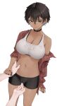  1girl absurdres bike_shorts black_choker black_hair black_nails blue_eyes breasts cameltoe choker cleavage dark-skinned_female dark_skin fingering fingering_through_clothes highres ku_(kuchurage) large_breasts linea_alba looking_at_viewer mole mole_on_breast mole_under_eye mole_under_mouth navel original plaid_clothes plaid_shirt pov pov_hands shirt short_hair shorts simple_background single_off_shoulder through_clothes tomboy white_background 