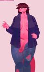 anthro balls big_breasts blush bottomwear breasts clothing deltarune erection freckles genitals gynomorph hair hi_res humanoid_genitalia humanoid_penis intersex ombwie pants penis reptile scalie sharp_teeth shirt simple_background smile solo susie_(deltarune) tail teeth topwear unbuttoned_shirt undertale_(series)