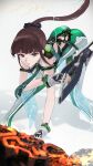  1girl absurdres back_cutout bodysuit brown_eyes brown_hair clothing_cutout eve_(stellar_blade) gloves goddess_of_victory:_nikke green_bodysuit high_ponytail highres holding holding_weapon looking_at_viewer nagato_tsumugu ponytail solo weapon white_background white_gloves 