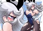  1girl absurdres animal_ears black_pantyhose blue_leotard blush breasts cleavage duel_monster elbow_gloves fake_animal_ears gloves grey_hair hair_over_one_eye highres krausarts large_breasts leotard long_hair pantyhose playboy_bunny purple_eyes rabbit_ears rabbit_tail signature silent_magician tail torn_clothes torn_pantyhose white_gloves yu-gi-oh! 