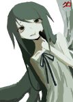  1girl absurdres archaic_japanese_text arm_up bare_shoulders black_ribbon blank_eyes colored_skin dress fairy_wings furrowed_brow green_eyes green_skin green_wings grey_dress grey_hair gun hand_up highres holding holding_gun holding_weapon light_smile long_hair looking_up no_lineart pale_skin ribbon saya_(saya_no_uta) saya_no_uta solo vietkune weapon white_background wings 