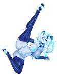  1girl animal_ears anus barbariank blue_eyes blue_fire blue_nipples blue_skin blue_thighhighs breasts bridal_gauntlets chest_tattoo cleft_of_venus colored_nipples colored_skin commentary elbow_gloves english_commentary eyes_visible_through_hair fiery_hair fire full_body gloves hand_on_own_leg highres hooves horns huge_breasts leg_up looking_at_viewer low_ponytail lying monster_girl multiple_horns navel nipples nude o-ring on_side original pinky_out ponytail pubic_tattoo puffy_nipples pussy simple_background solo stirrup_legwear tattoo thighhighs toeless_legwear white_background white_hair 