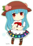 blue_hair blush bow chibi food fruit hat hinanawi_tenshi long_hair looking_at_viewer peach red_eyes rei_(tonbo0430) simple_background solo touhou white_background 