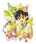  1boy ahoge alien anniversary black_hair frog gingham happy hat highres hinata_fuyuki jacket k2mmy25 keroro keroro_gunsou open_mouth paper_chain party_hat pupil_blink red_star shirt star_(symbol) star_ornament star_symbol_background white_background white_shirt yellow_jacket yellow_star 