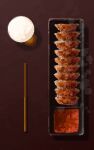  chopsticks dumpling food food_focus from_above highres hisachan55cute jiaozi no_humans original pixel_art scenery soy_sauce steamed_bun steaming_food 