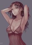  armpits arms_up bad_id bad_pixiv_id bra breasts brown_eyes brown_hair character_request cleavage copyright_request grey_background hand_in_hair long_hair medium_breasts open_mouth simple_background solo underwear walzrj 