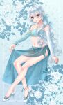  1boy absurdres androgynous anklet aqua_eyes aqua_sarong arm_support bandeau bare_shoulders bead_anklet bead_belt beads blue_background blue_bandeau blue_bow blue_nails blue_shoes blue_sleeves blue_theme bow bracelet clothes_lift collarbone commentary_request curly_hair detached_sleeves dragon_quest dragon_quest_x flower hero_(dq10) high_heels highres invisible_chair jewelry kuro11_222 linea_alba long_hair looking_at_viewer looking_to_the_side low_ponytail male_focus midriff navel necklace pectoral_cleavage pectorals ponytail rose sarong sarong_lift see-through_clothes see-through_sarong shoes sitting smile solo thong trap white_hair white_trim 