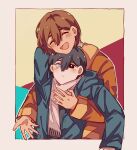  2boys alternate_costume antenna_hair arm_up bailan1130 black_eyes black_hair blush border brown_hair cataracts closed_eyes closed_mouth coat dark-skinned_male dark_skin green_coat highres hug hug_from_behind kel_(faraway)_(omori) kel_(omori) long_sleeves male_focus multiple_boys omori open_mouth orange_coat scarf short_hair smile spoilers sunny_(omori) white_border white_eyes white_scarf 
