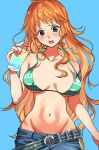  1girl bare_arms bare_shoulders belt bikini bikini_top_only blue_background blue_pants blush breasts breasts_apart brown_eyes collarbone cowboy_shot cup denim drink drinking_straw earrings green_bikini groin halterneck hashtag-only_commentary highres holding holding_cup jeans jewelry large_breasts long_hair nami_(one_piece) navel one_piece open_clothes open_mouth orange_hair pants pearl_earrings petakousausa shoulder_tattoo single_sidelock solo stomach straight-on sweatdrop swimsuit tattoo untied_bikini wardrobe_malfunction wavy_hair 