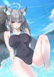  1girl absurdres bare_legs black_one-piece_swimsuit blue_archive blue_eyes blue_halo blue_sky cloud coke0502 collarbone commentary covered_navel cross_hair_ornament day grey_hair hair_ornament halo highres legs ocean official_alternate_costume one-piece_swimsuit open_mouth outdoors partially_submerged shiroko_(blue_archive) shiroko_(swimsuit)_(blue_archive) sitting sky solo swimsuit thighs wet 