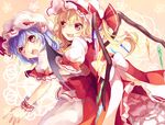  ascot ayarin103 bat_wings blonde_hair blue_hair dress fang flandre_scarlet hat hat_ribbon hug hug_from_behind mob_cap multiple_girls open_mouth pink_dress puffy_sleeves red_dress red_eyes remilia_scarlet ribbon sash short_sleeves siblings side_ponytail sisters touhou wings wrist_cuffs 