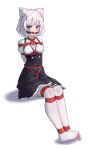  1girl absurdres animal_ear_fluff animal_ears arms_behind_back ball_gag bdsm blue_eyes bondage bound breast_bondage breasts cat_ears crotch_rope frilled_skirt frills gag gagged heterochromia highres looking_at_viewer medium_hair no_shoes original red_eyes restrained shibari shibari_over_clothes skindentation skirt small_breasts solo thighhighs white_background white_hair white_thighhighs wiffle_gag xiongmao zettai_ryouiki 