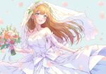  1girl absurdres aqua_eyes armpit_crease blue_eyes blurry blurry_foreground blush bouquet bow breasts bridal_veil bride collarbone commentary_request cowboy_shot depth_of_field detached_sleeves double-parted_bangs dress dress_bow earrings falling_petals floating_hair flower green_flower hair_ornament happy head_wreath heterochromia highres holding holding_bouquet indie_virtual_youtuber jewelry large_breasts layered_dress lightning_bolt_earrings lightning_bolt_hair_ornament lightning_bolt_symbol long_hair looking_at_viewer mikan_mizu open_mouth orange_flower orange_hair petals pink_flower red_flower skirt_hold smile solo standing strapless strapless_dress teeth upper_teeth_only veil virtual_youtuber wedding wedding_dress white_bow white_dress yoshino_shizuru 