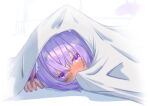  1girl animal_ear_fluff animal_ears bed_sheet blanket blush cat_ears cat_girl cat_tail commentary_request covering_own_mouth embarrassed fingernails highres hololive kyo_se looking_at_viewer lying nail_polish nekomata_okayu nose_blush on_bed on_stomach pink_nails purple_eyes solo sparkle sparkling_eyes tail under_covers virtual_youtuber white_blanket wispy_bangs 