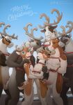  1girl antlers arms_around_waist blue_eyes blush breasts brown_eyes christmas crossed_arms deer deer_antlers english_text erection furry grin heart heart-shaped_pupils highres horns looking_at_another looking_at_viewer looking_up multiple_boys non-web_source original penis purple_eyes size_difference small_breasts smile smirk snow strap symbol-shaped_pupils testicles zaush 