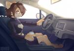 2022 anthro blair_(shadd21) breasts brown_body brown_fur brown_hair canid canine canis car chair clothing coffee_cup container coyote cup digital_media_(artwork) female fur furniture hair hi_res holding_coffee_cup holding_container holding_cup holding_object inside_car inside_vehicle kemari mammal navel pink_eyes seatbelt shirt sitting smile solo steering_wheel topwear vehicle window